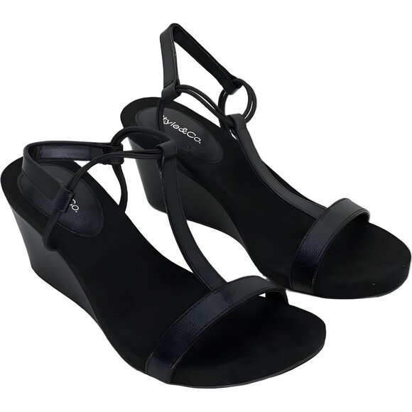 Style & Co Mulan Black Pebble Wedge T-Strap Sandals Women's US 8.5M - Picture 4 of 6